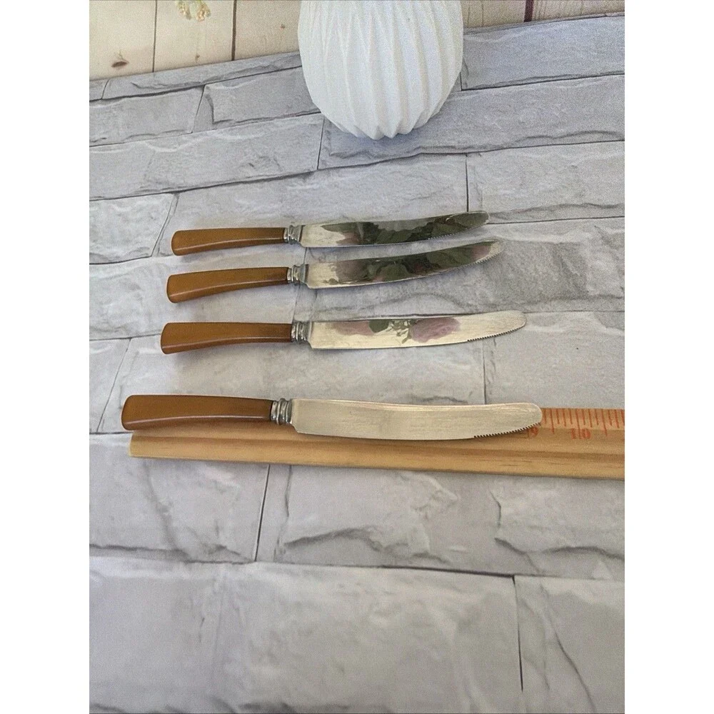 50/60’s Bakelite Butterscotch Set Of 4 Knives LATHAM & OWEN SHEFFIELD ENGLAND